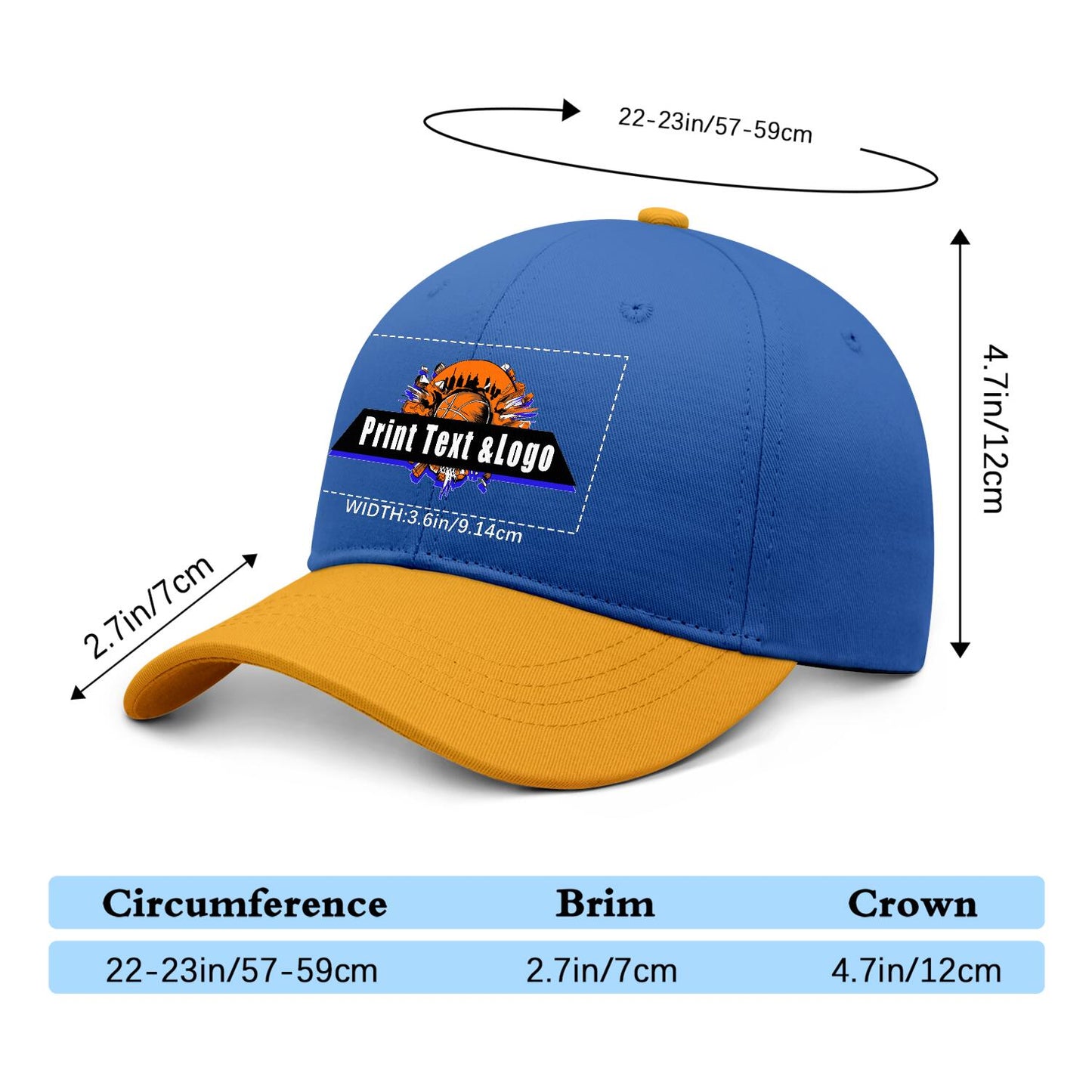 New Custom Blue Yellow Duckbill Cap Design Available with Heat Transfer Printing in Multiple Colors