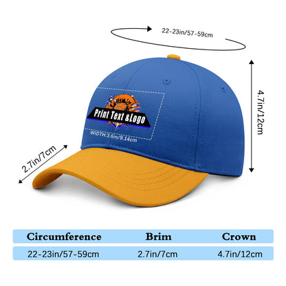 New Custom Blue Yellow Duckbill Cap Design Available with Heat Transfer Printing in Multiple Colors