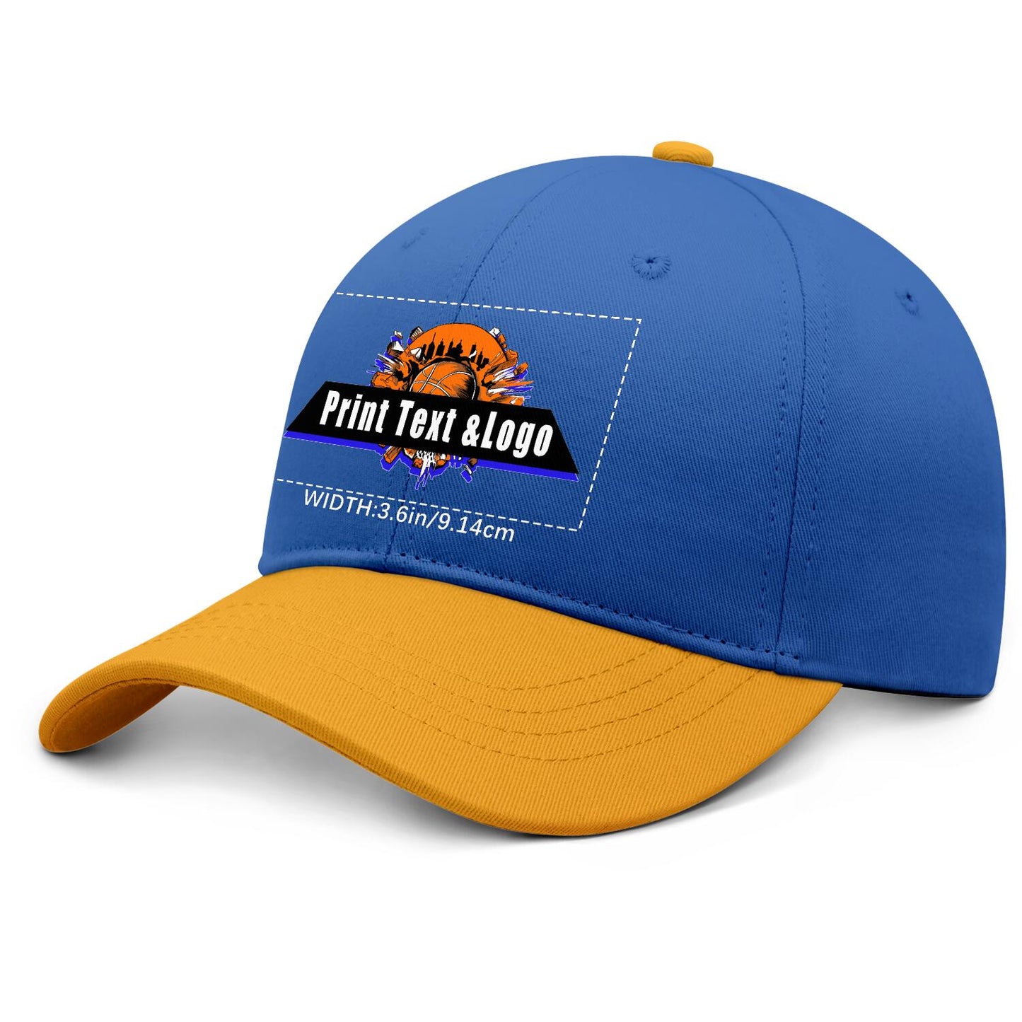 New Custom Blue Yellow Duckbill Cap Design Available with Heat Transfer Printing in Multiple Colors