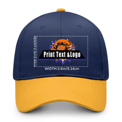 New Custom Navy Blue Yellow Duckbill Cap Design Available with Heat Transfer Printing in Multiple Colors