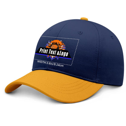New Custom Navy Blue Yellow Duckbill Cap Design Available with Heat Transfer Printing in Multiple Colors