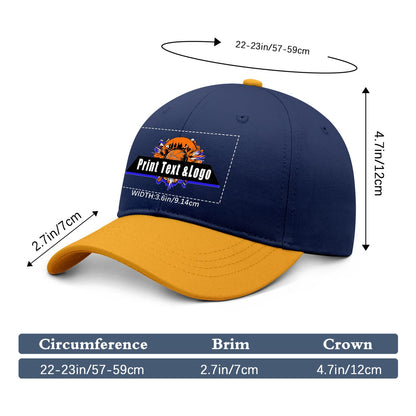 New Custom Navy Blue Yellow Duckbill Cap Design Available with Heat Transfer Printing in Multiple Colors