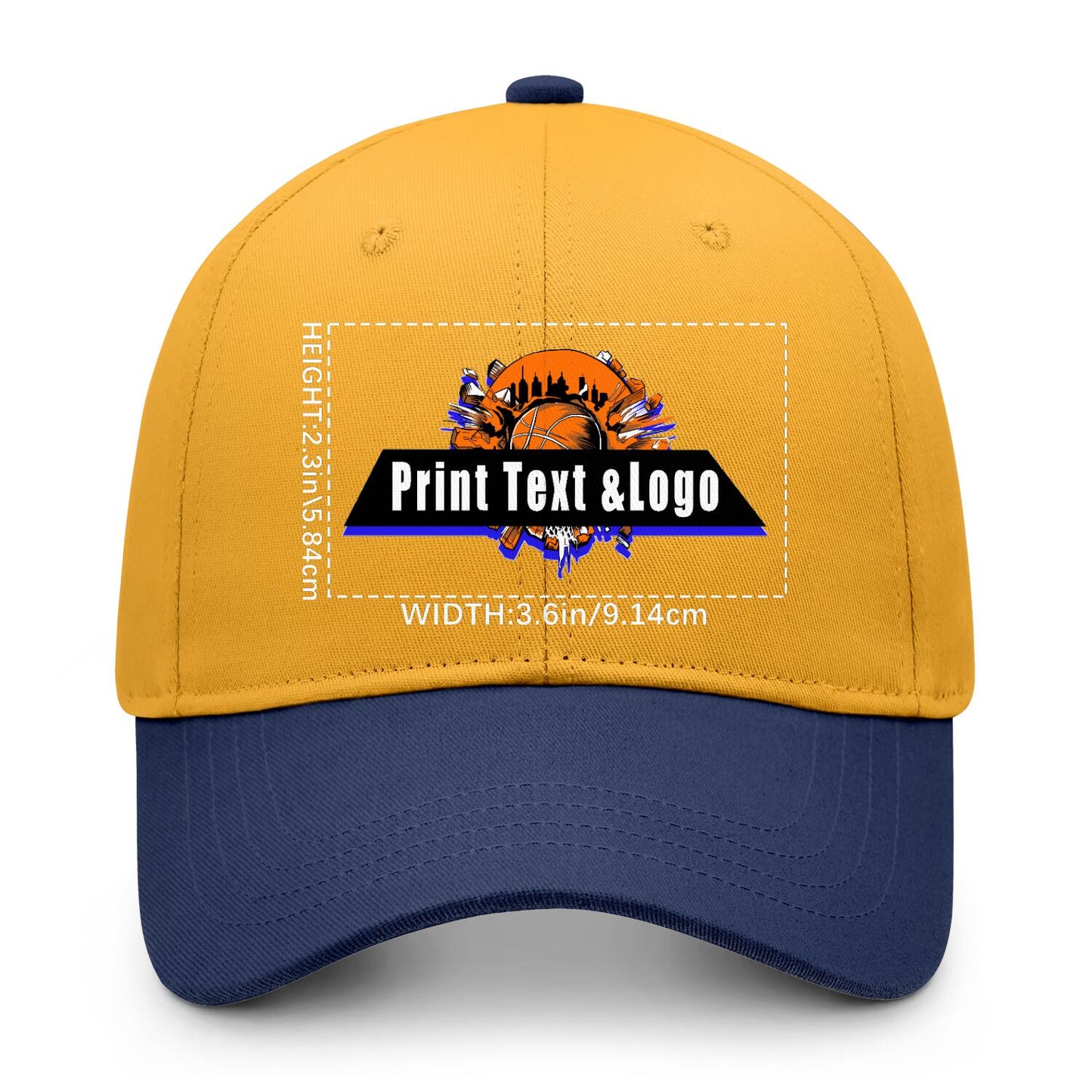 New Custom Yellow Navy Blue Duckbill Cap Design Available with Heat Transfer Printing in Multiple Colors