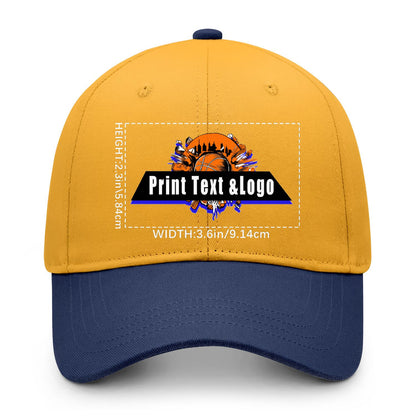 New Custom Yellow Navy Blue Duckbill Cap Design Available with Heat Transfer Printing in Multiple Colors