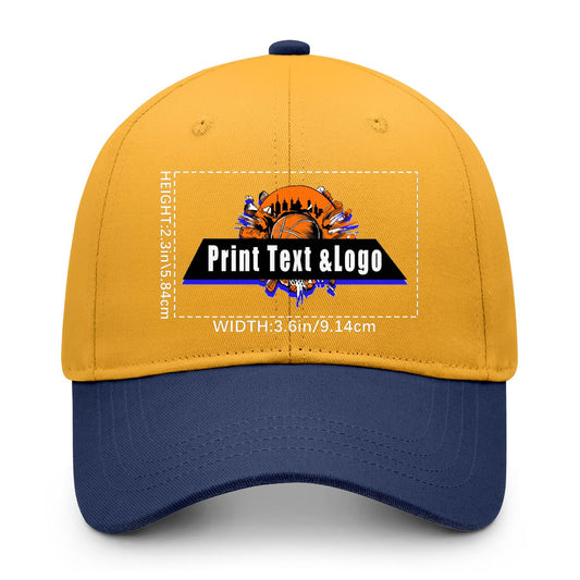 New Custom Yellow Navy Blue Duckbill Cap Design Available with Heat Transfer Printing in Multiple Colors