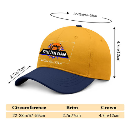 New Custom Yellow Navy Blue Duckbill Cap Design Available with Heat Transfer Printing in Multiple Colors