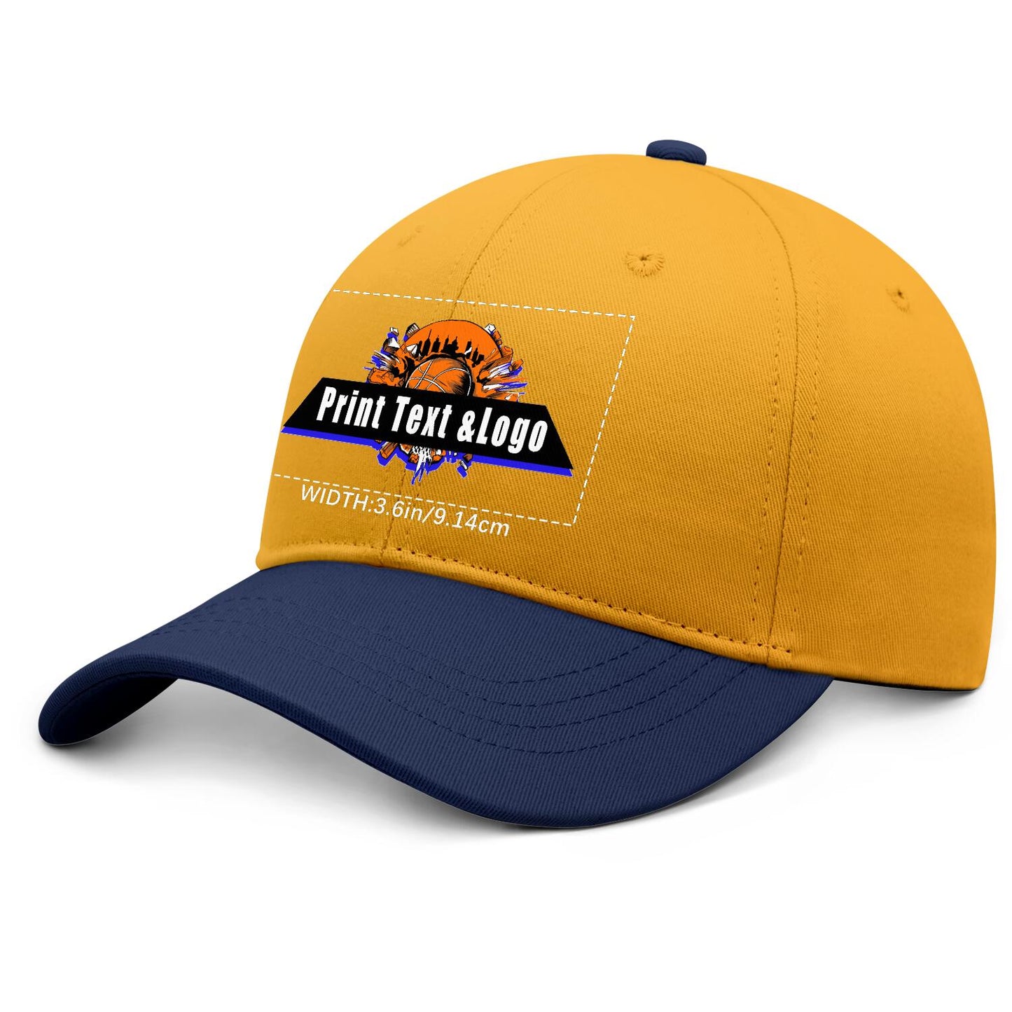 New Custom Yellow Navy Blue Duckbill Cap Design Available with Heat Transfer Printing in Multiple Colors