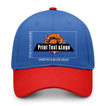 New Custom Blue Red Duckbill Cap Design Available with Heat Transfer Printing in Multiple Colors