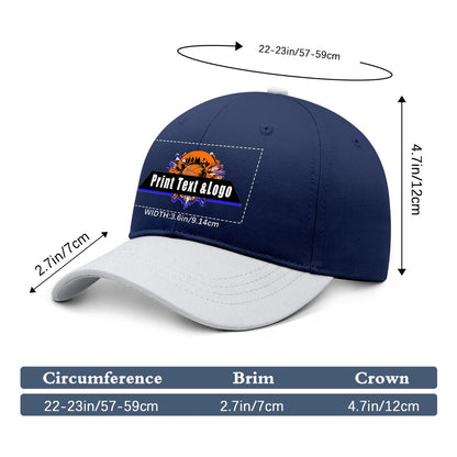 New Custom Navy Blue White Duckbill Cap Design Available with Heat Transfer Printing in Multiple Colors
