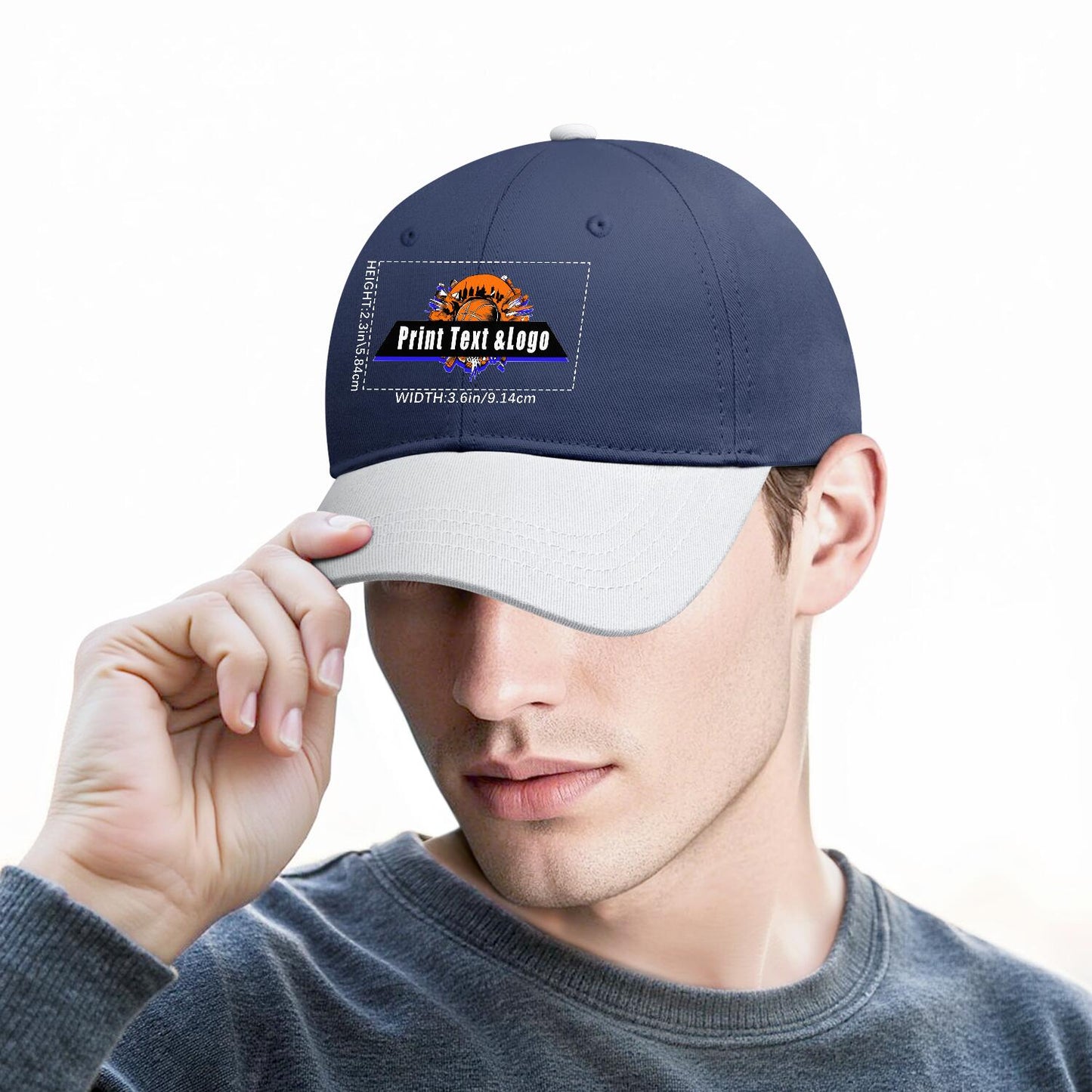 New Custom Navy Blue White Duckbill Cap Design Available with Heat Transfer Printing in Multiple Colors