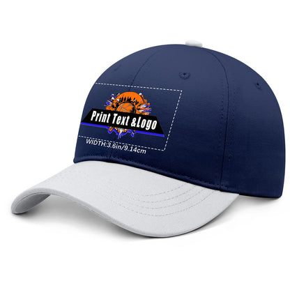 New Custom Navy Blue White Duckbill Cap Design Available with Heat Transfer Printing in Multiple Colors