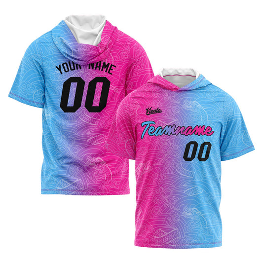 Custom Pink Light Blue Short Sleeve Hoodies for Men Women Shirts with Hoods Printed Name Logo