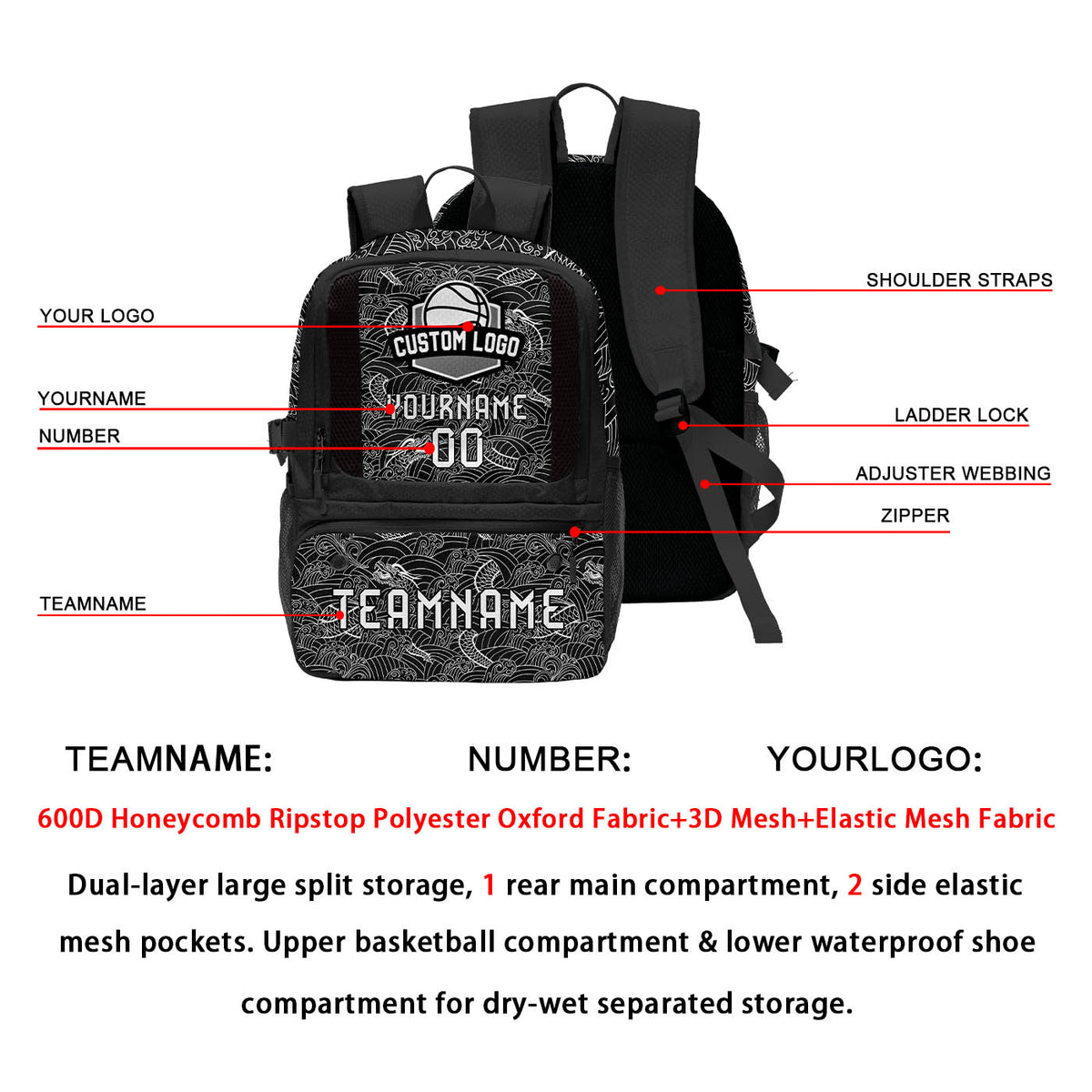 Custom Black White Basketball Soccer Backpack Personalized Player Names Numbers Team Logo #BB-0919-0004