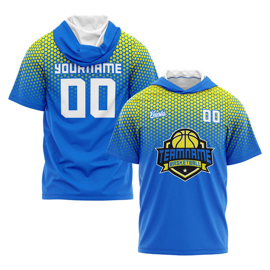Custom Blue Yellow Hooded T-Shirt Short Sleeve Hoodies for Men Women Shirts with Hoods Printed Name Logo