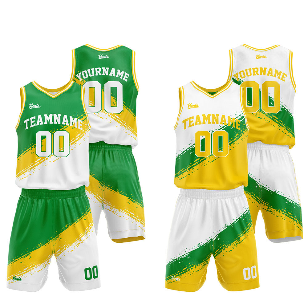 Custom Reversible Basketball Suit for Adults and Kids Green-Yellow-White