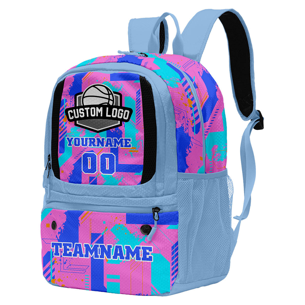 Custom Light Blue Bright Purple Orange Green Basketball Soccer Backpack Personalized Player Names Numbers Team Logo #BB-0919-0019