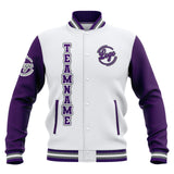 Custom White Pruple Grey Waterproof Varsity Jackets Personalized Stitched Name Number Logo to Letterman Jackets