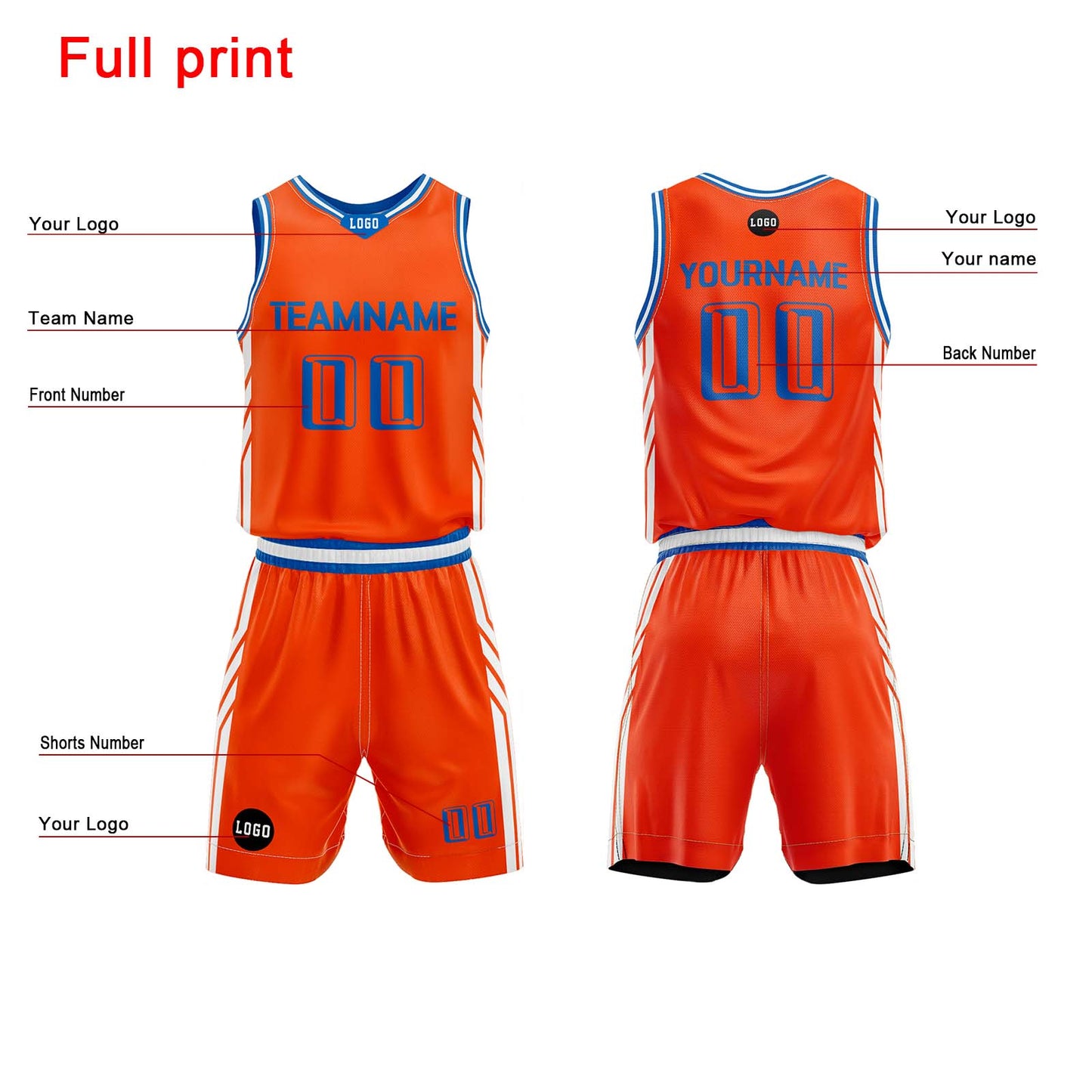 Custom Orange Blue Basketball Jersey Uniform Suit Printed Your Logo Name Number
