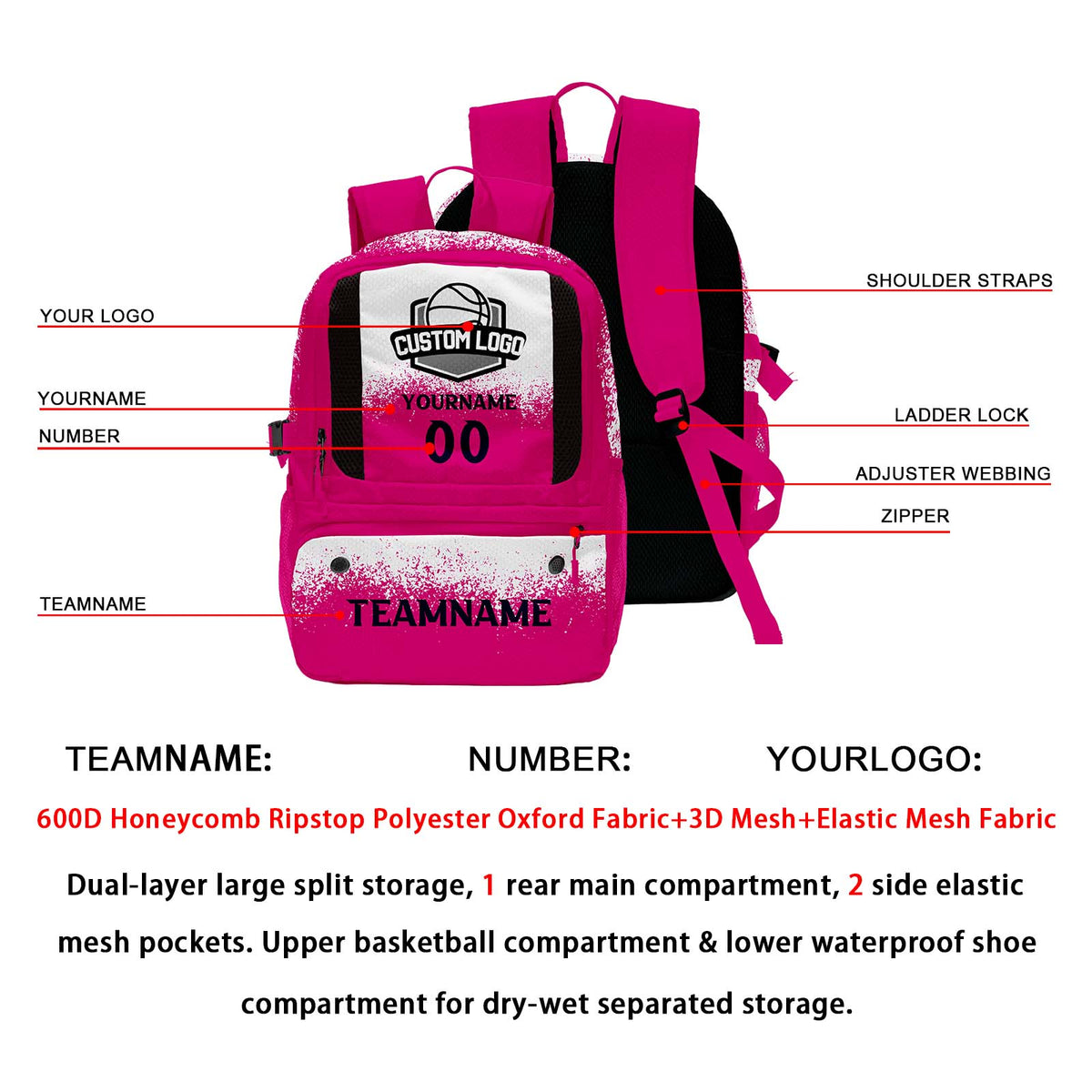 Custom Pink Basketball Soccer Backpack Personalized Player Names - Numbers & Team Logo #150-BP-0914-0016