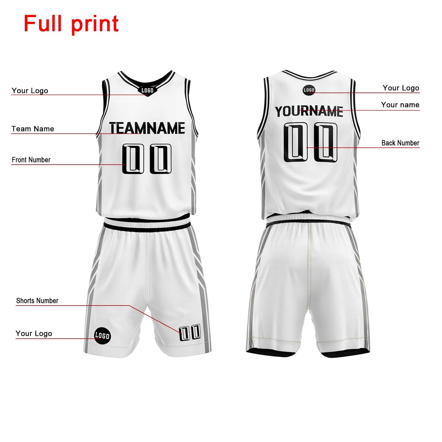 Custom White Basketball Jersey Uniform Suit Printed Your Logo Name Number