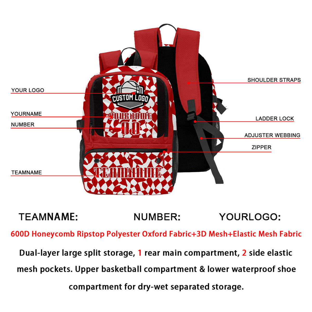 Custom Red White Basketball Soccer Backpack Personalized Player Names Numbers Team Logo #BB-0919-0033