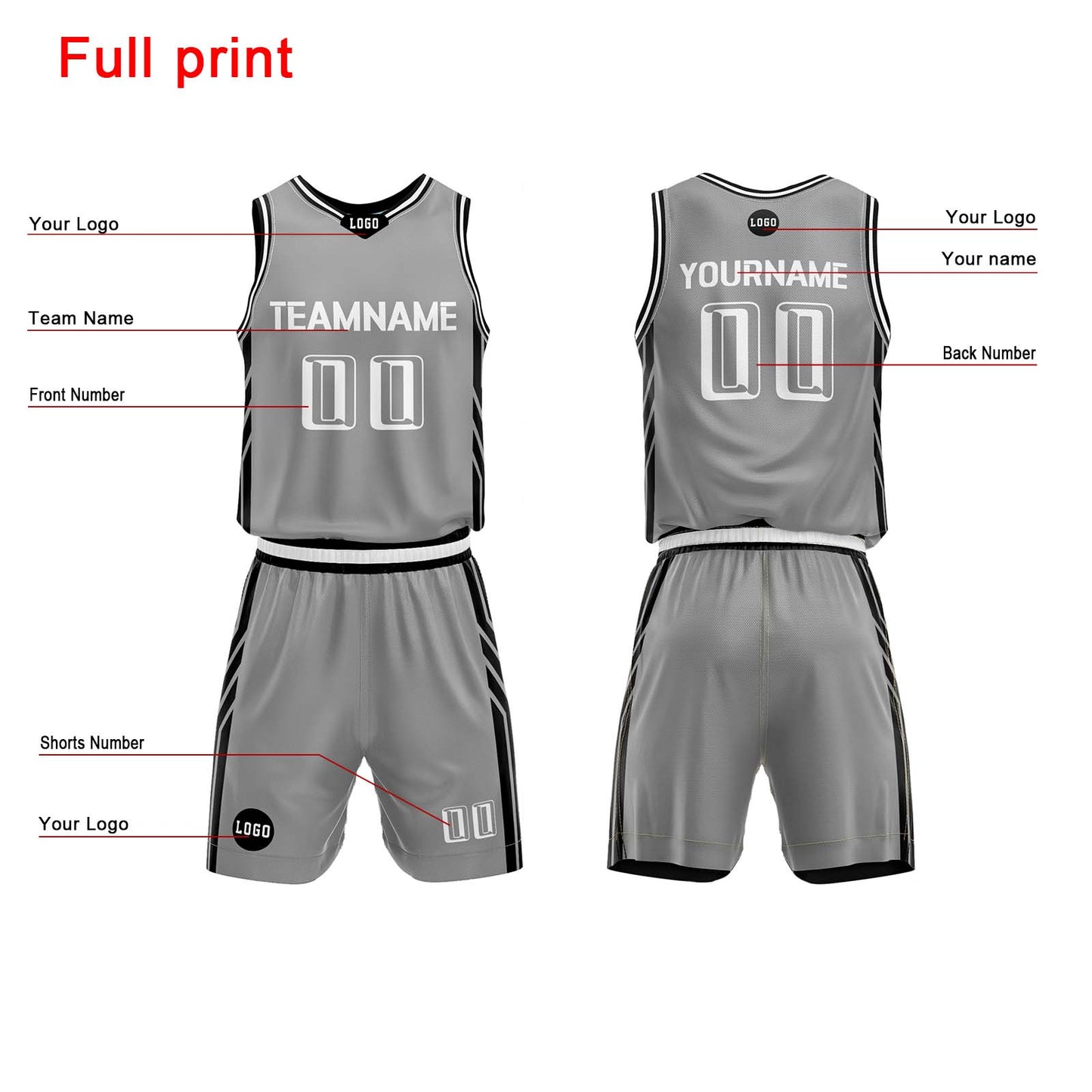 Custom Gray Basketball Jersey Uniform Suit Printed Your Logo Name Number
