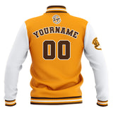 Custom Yellow White Brown Waterproof Varsity Jackets Personalized Stitched Name Number Logo to Letterman Jackets