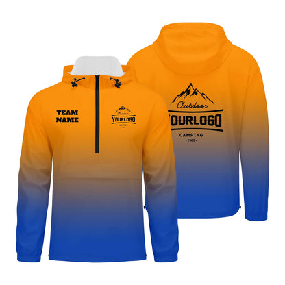 Custom Orange Blue Windproof Softshell  Hooded Jacket - Lightweight Full - Zip, Full Print Logos & Texts