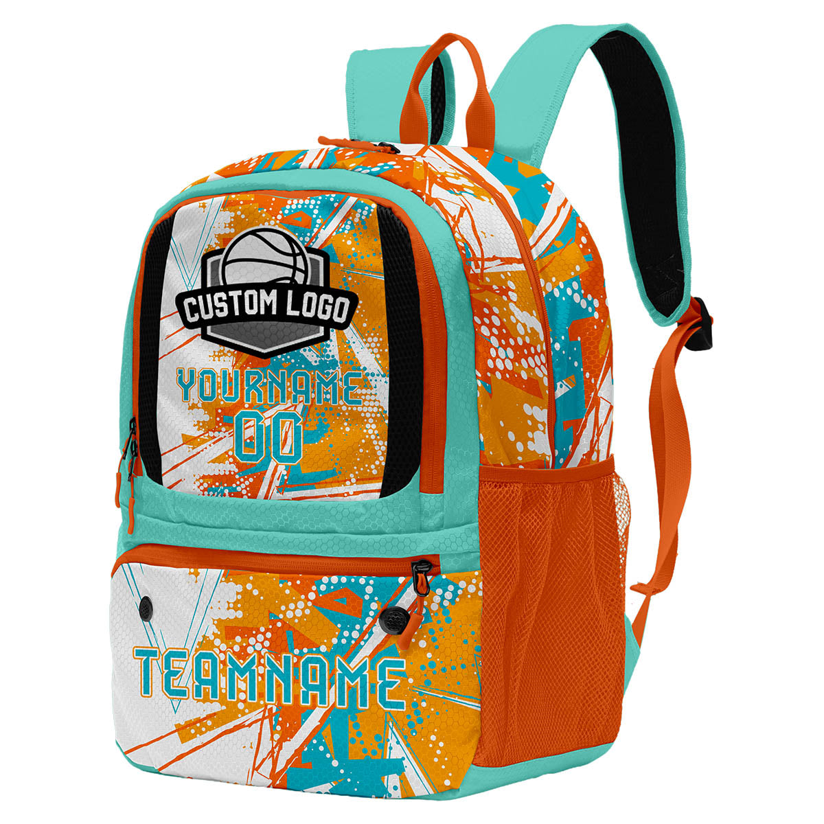 Custom Orange White Cyan Basketball Soccer Backpack Personalized Player Names Numbers Team Logo #BB-0919-0026