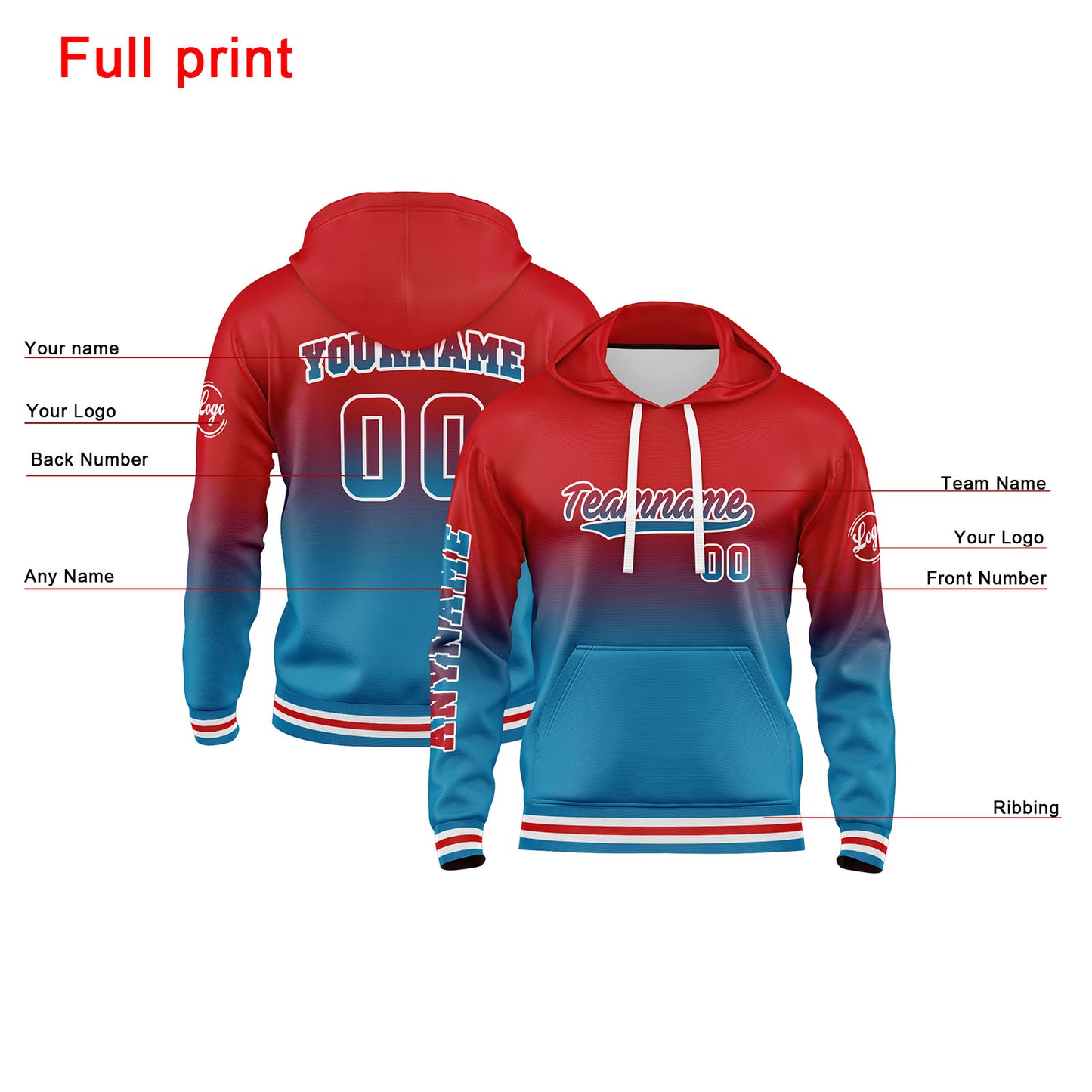 Custom Blue Red Hoodie Personalized Mens Pullover Hoodie Printed Team Name Number Logo for Women