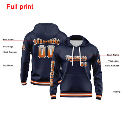 Custom Navy Orange Hoodie Personalized Mens Pullover Hoodie Printed Team Name Number Logo for Women