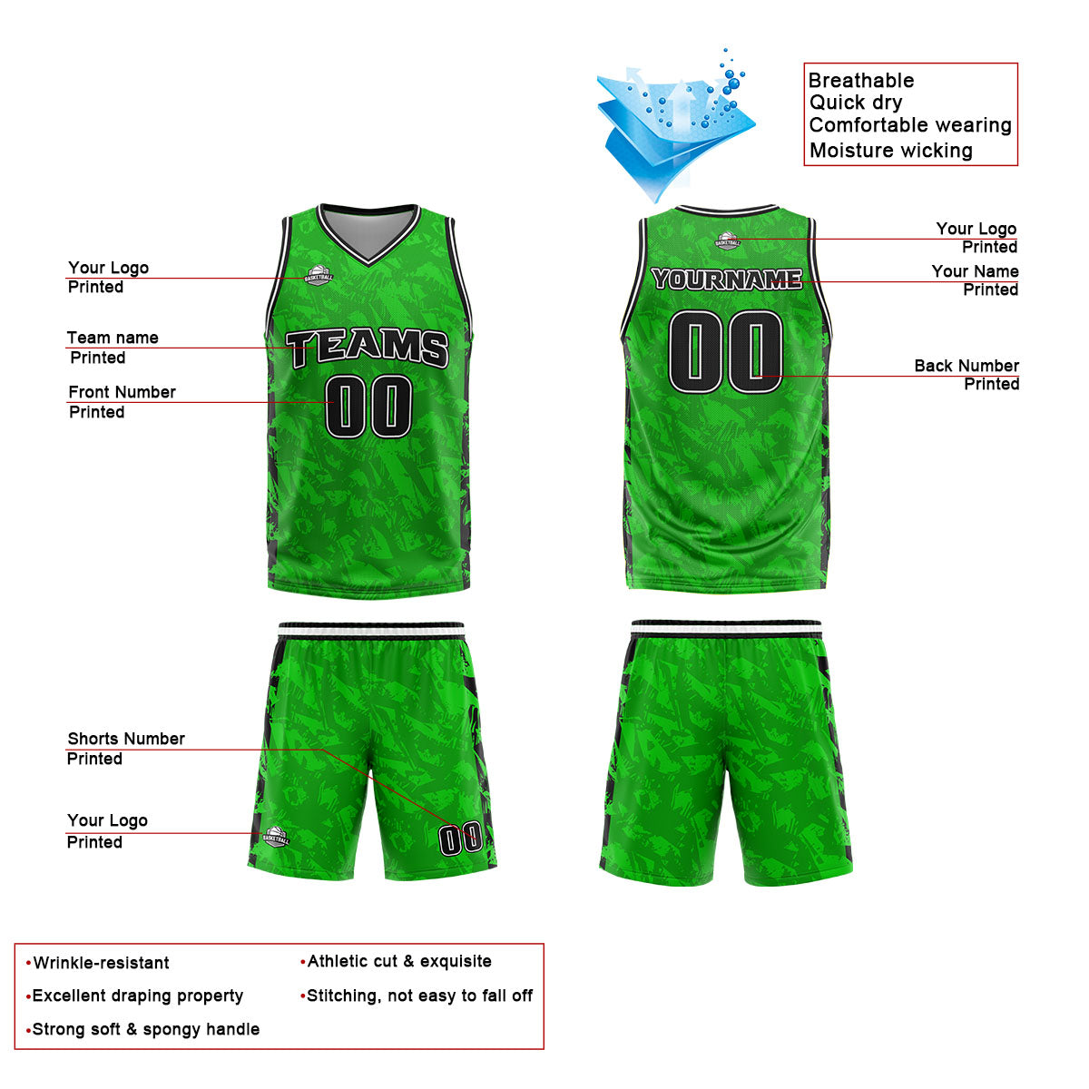 Custom Green Black Reversible Basketball Suit for Adults and Kids Personalized Jersey