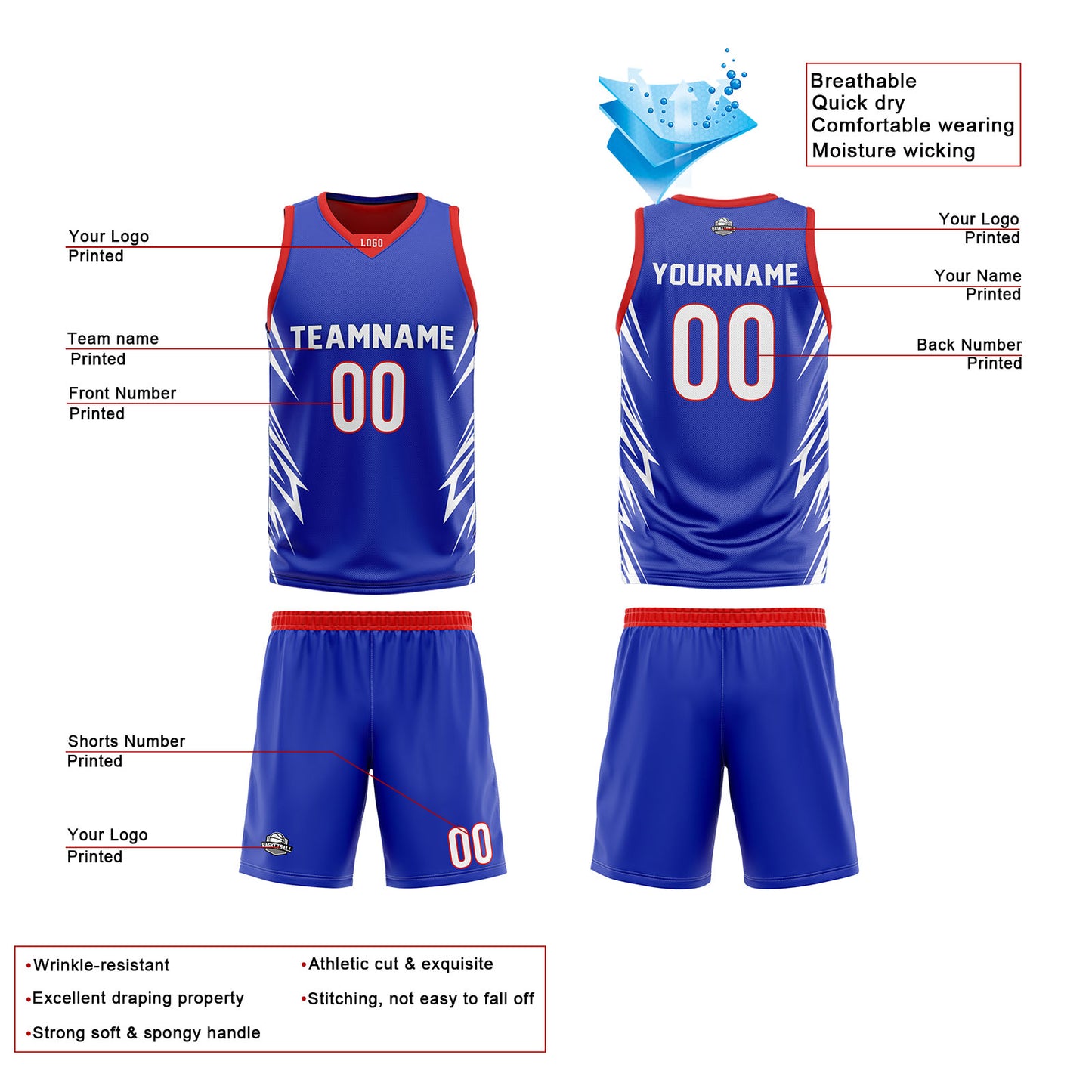 Custom Royal Blue Red Reversible Basketball Jersey Uniform Suit Printed Your Logo Name Number