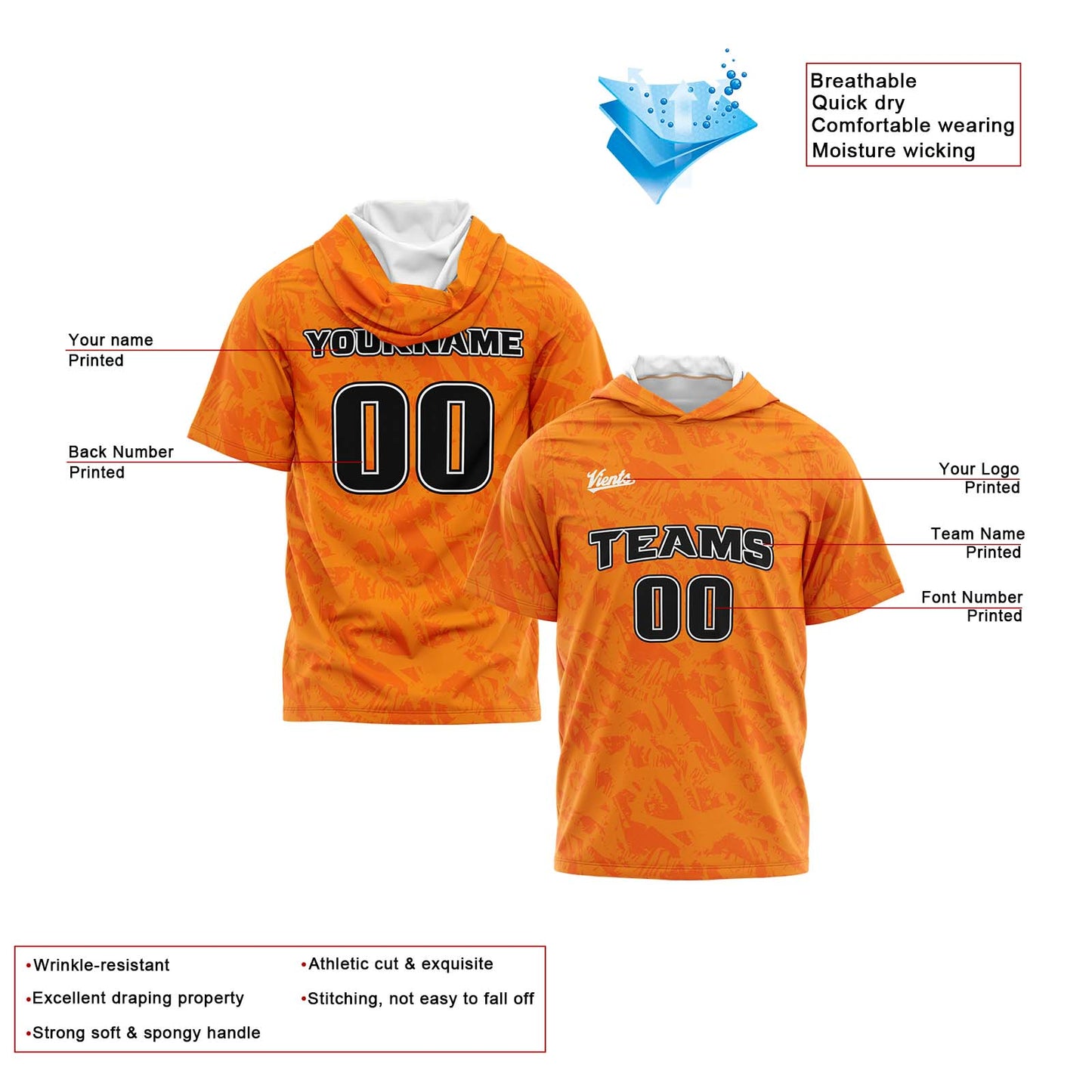 Custom Orange Short Sleeve Hoodies for Men Women Shirts with Hoods Printed Name Logo