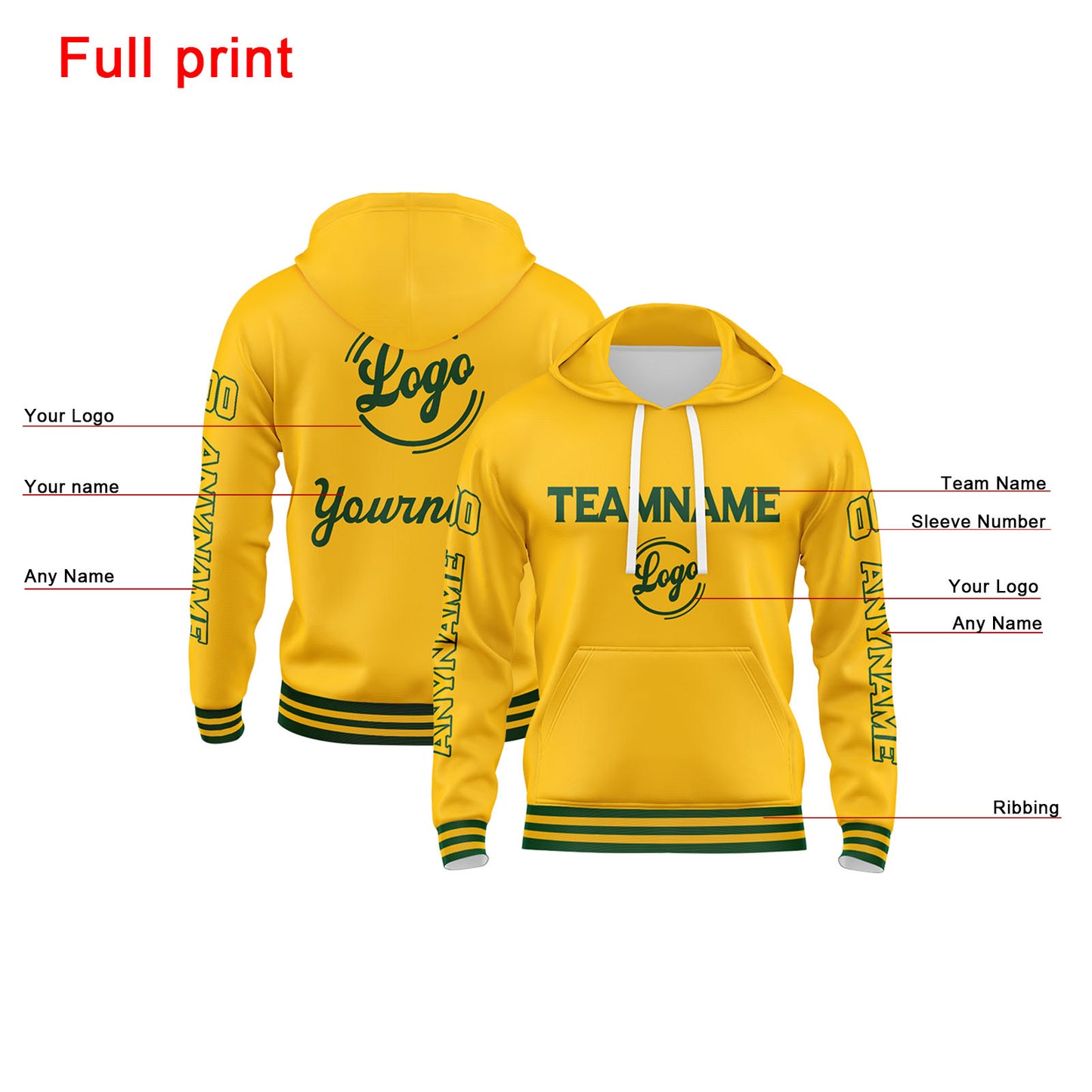 Custom Green Yellow  Hoodie Personalized Mens Pullover Hoodie Printed Team Name Number Logo for Women