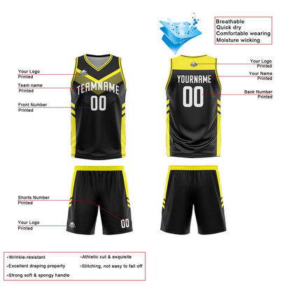 Custom Black White Yellow Reversible Basketball Suit for Adults and Kids Personalized Jersey