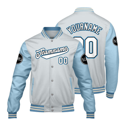 Custom Light Gray Blue Varsity Jackets for Men Women Youth Personalized Letterman Jackets