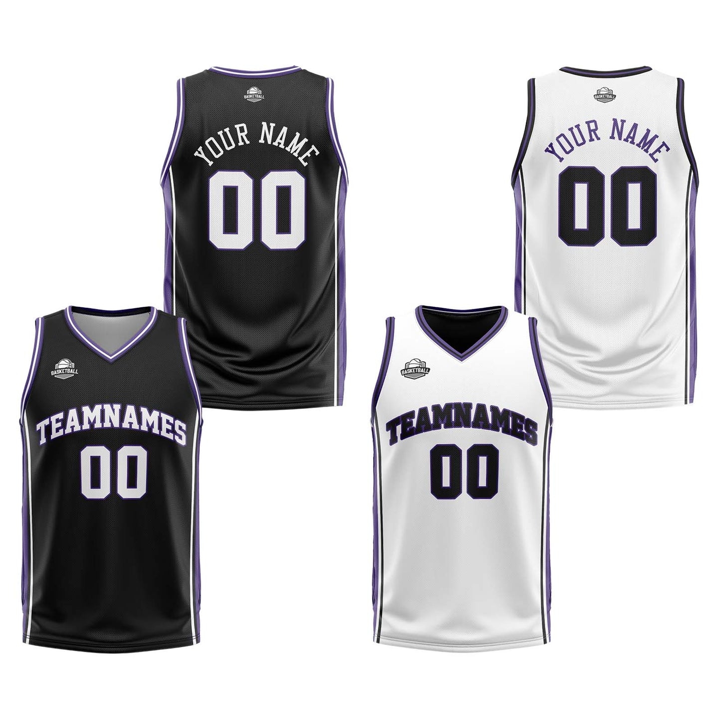 Custom Black White Purple Reversible Basketball Suit for Adults and Kids Personalized Jersey