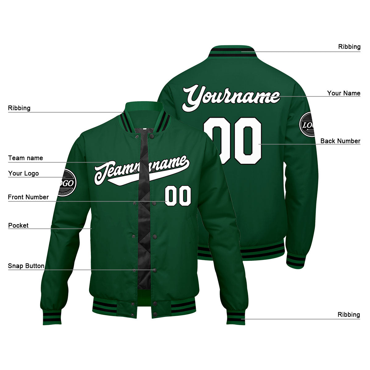 Custom Varsity Jacket Letterman jacket for Men, Women and Youth Grün Schwarz Weiß