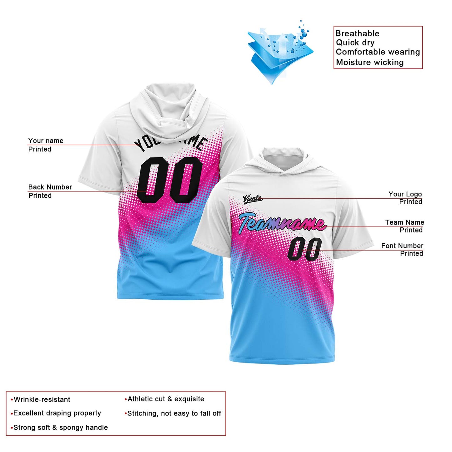 Custom White Pink Light Blue Short Sleeve Hoodies for Men Women Shirts with Hoods Printed Name Logo