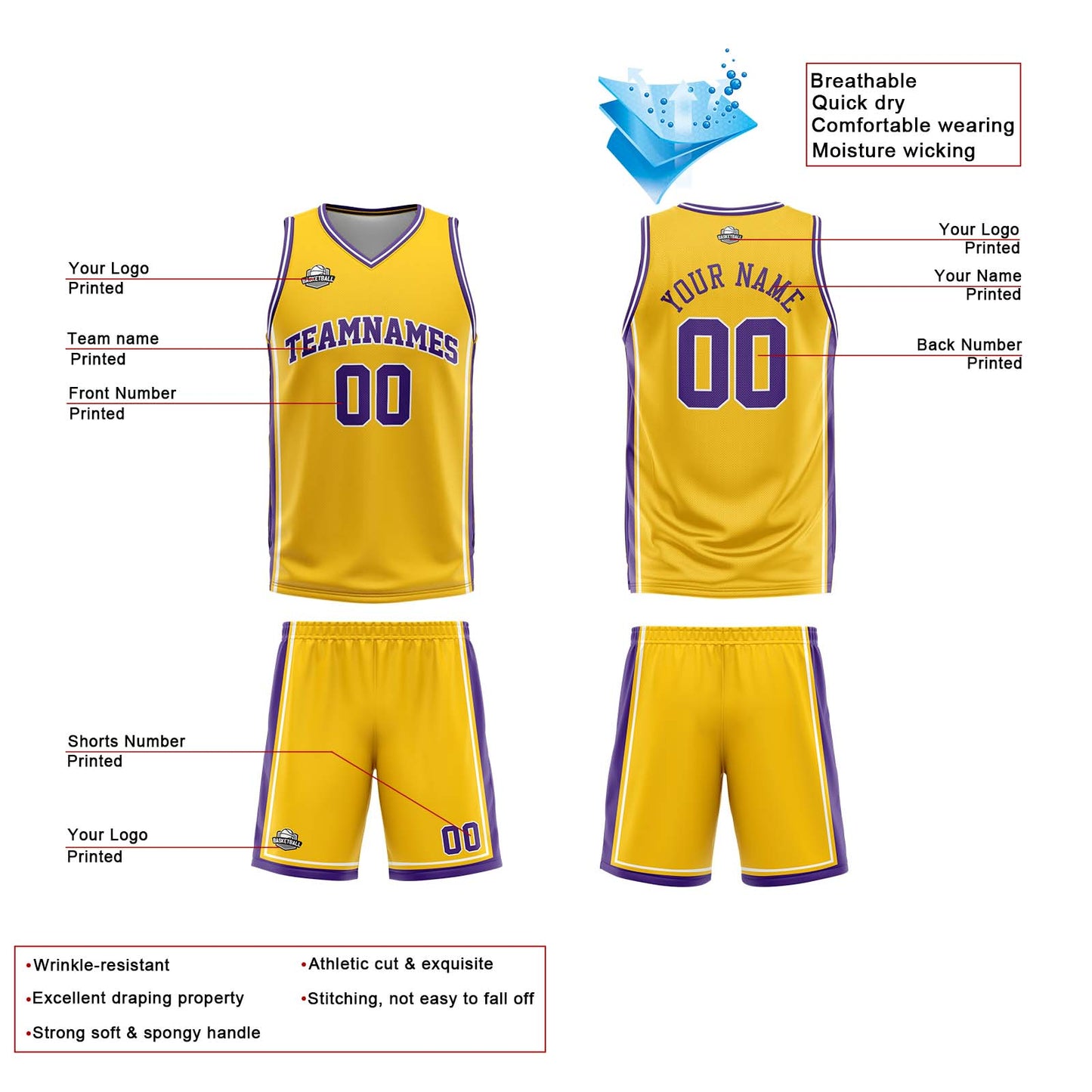 Custom Yellow White Purple Reversible Basketball Suit for Adults and Kids Personalized Jersey