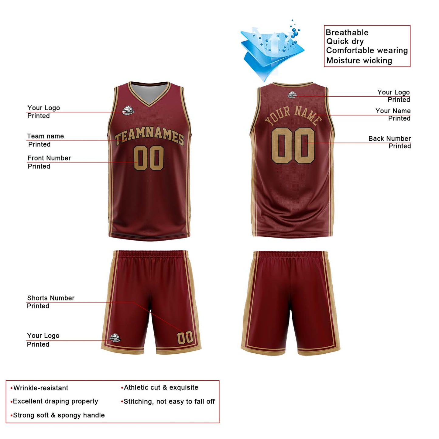 Custom Wine Gold Reversible Basketball Suit for Adults and Kids Personalized Jersey
