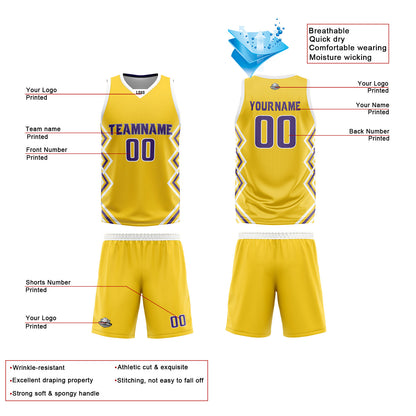 Custom Yellow White Reversible Basketball Jersey Uniform Suit Printed Your Logo Name Number