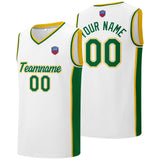 Custom basketball jersey shorts for men and women. Embroidered and printed name, number and logo White&Green&Yellow