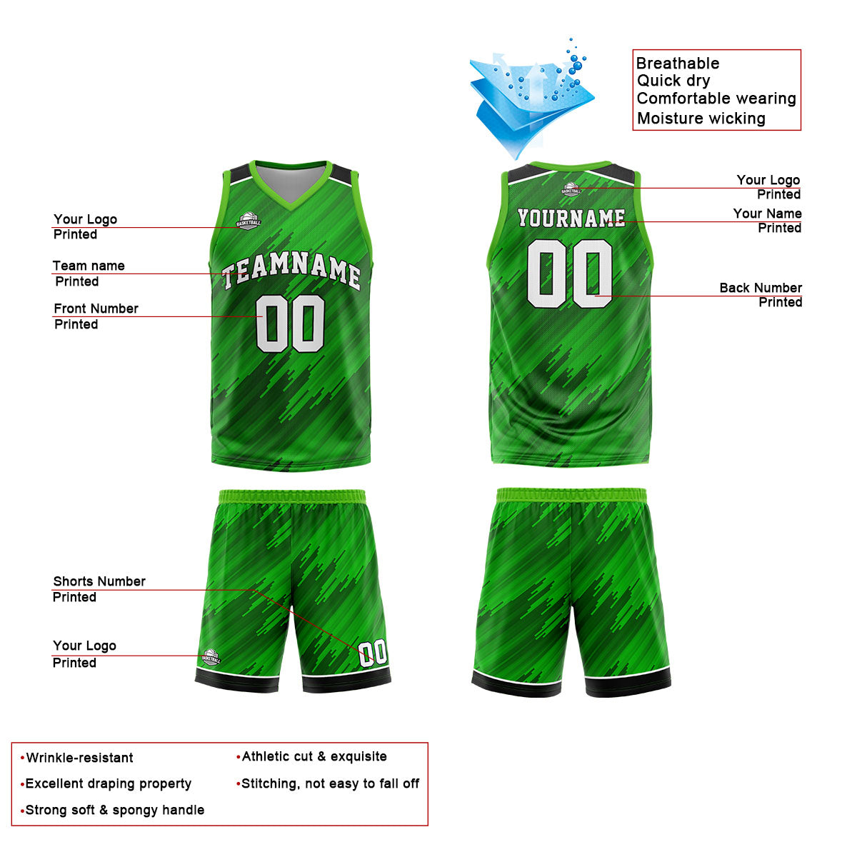Custom Green Basketball Jersey Uniform Suit Printed Your Logo Name Number
