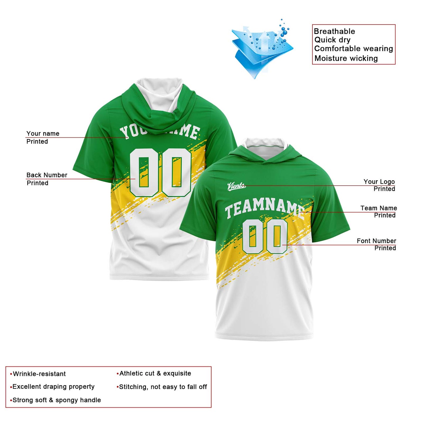 Custom Green Yellow Black Hooded T-Shirt Short Sleeve Hoodies for Men Women Shirts with Hoods Printed Name Logo