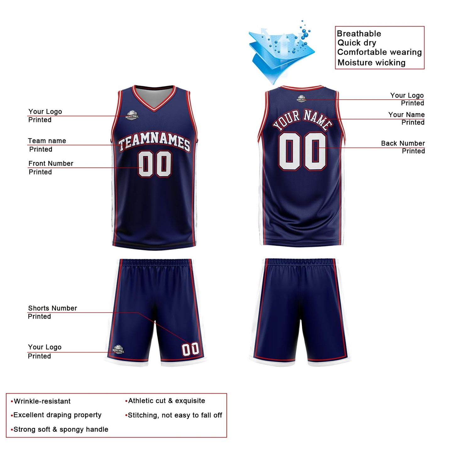 Custom Navy White Red Reversible Basketball Suit for Adults and Kids Personalized Jersey