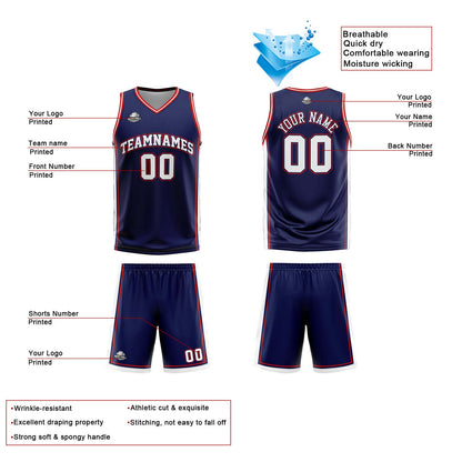 Custom Navy White Red Reversible Basketball Suit for Adults and Kids Personalized Jersey