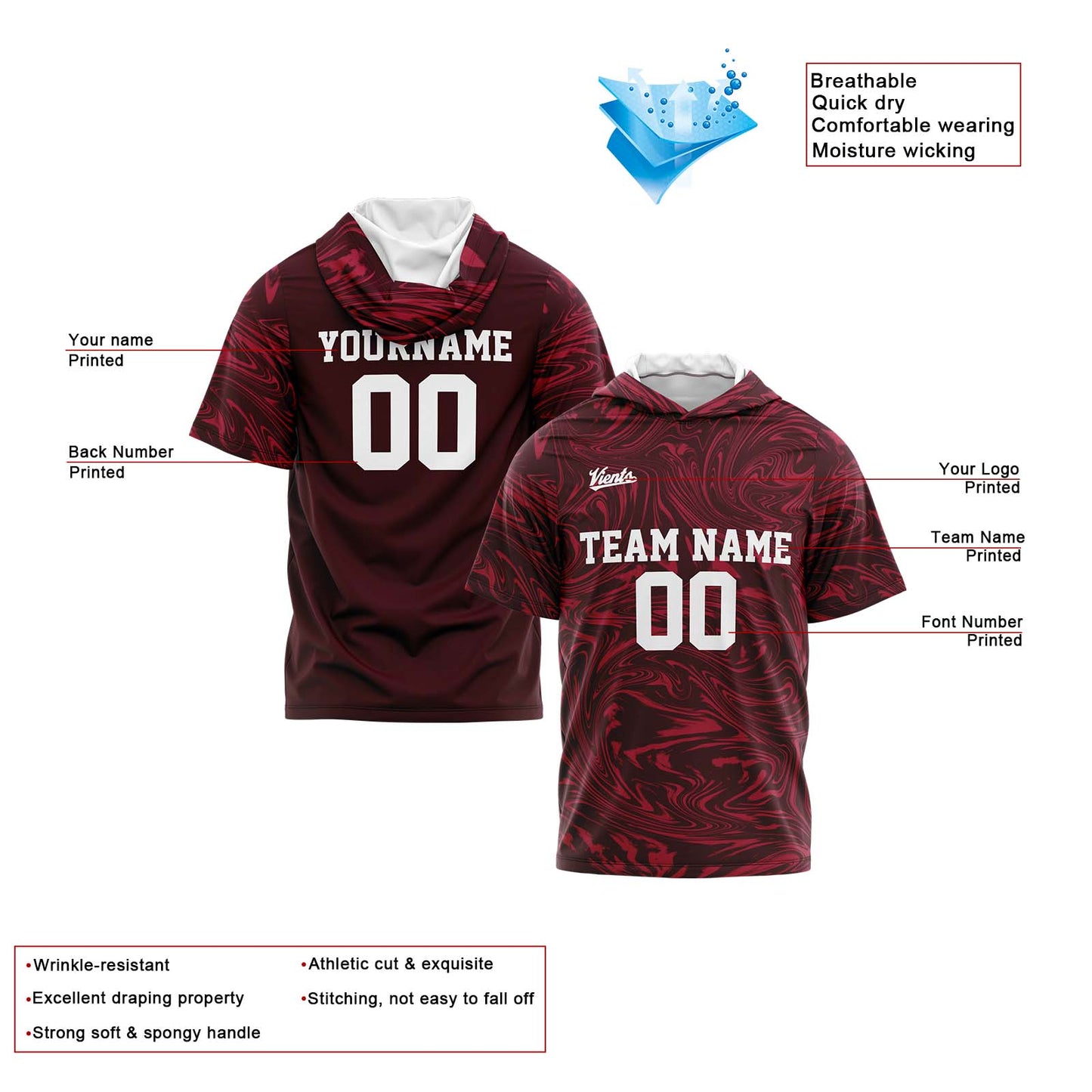 Custom Burgundy Short Sleeve Hoodies for Men Women Shirts with Hoods Printed Name Logo