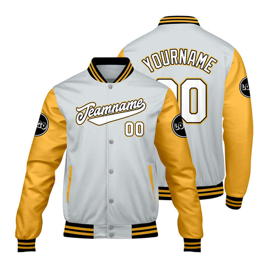 Custom Light Gray Yellow Varsity Jackets for Men Women Youth Personalized Letterman Jackets